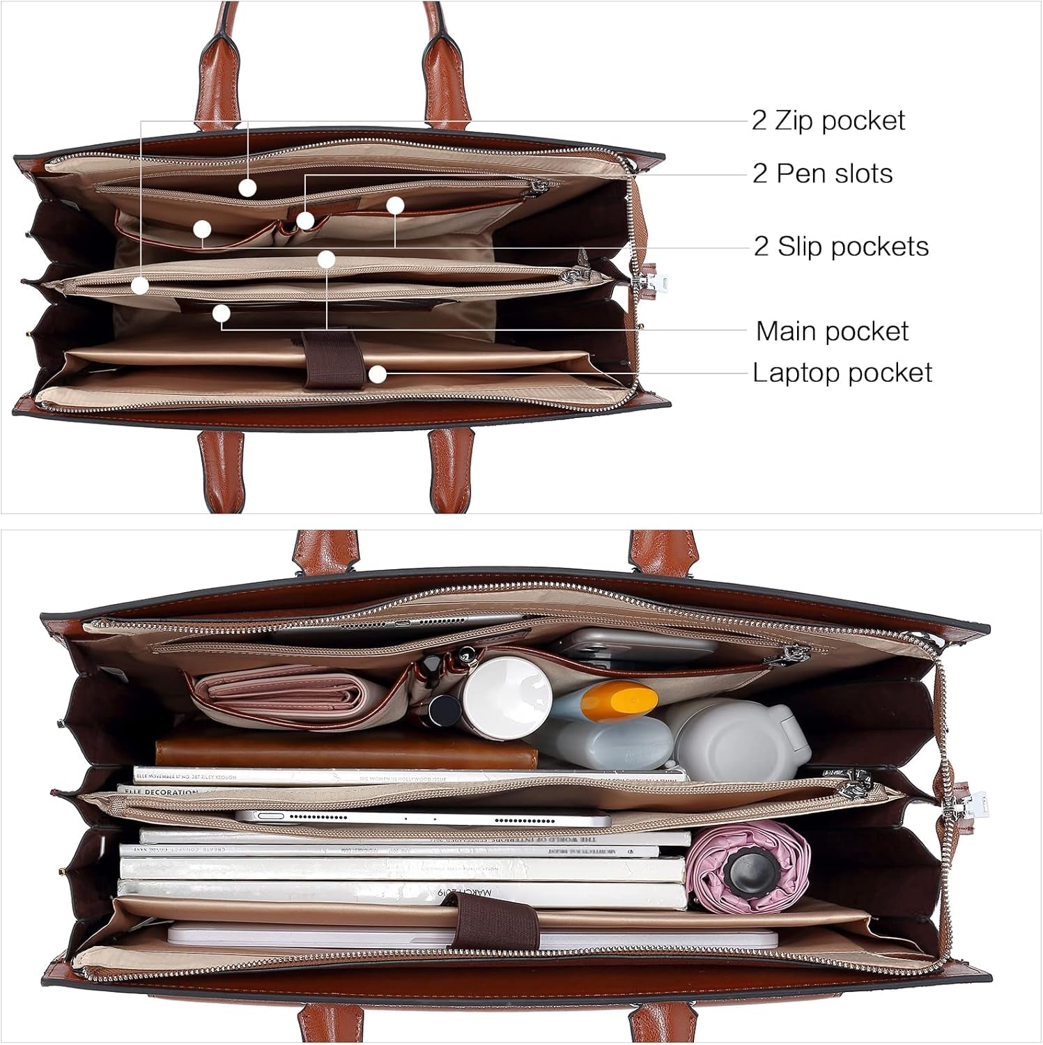 Briefcase for Women Laptop Tote 15.6 Inch Genuine Leather Handbag Work Bag Beige