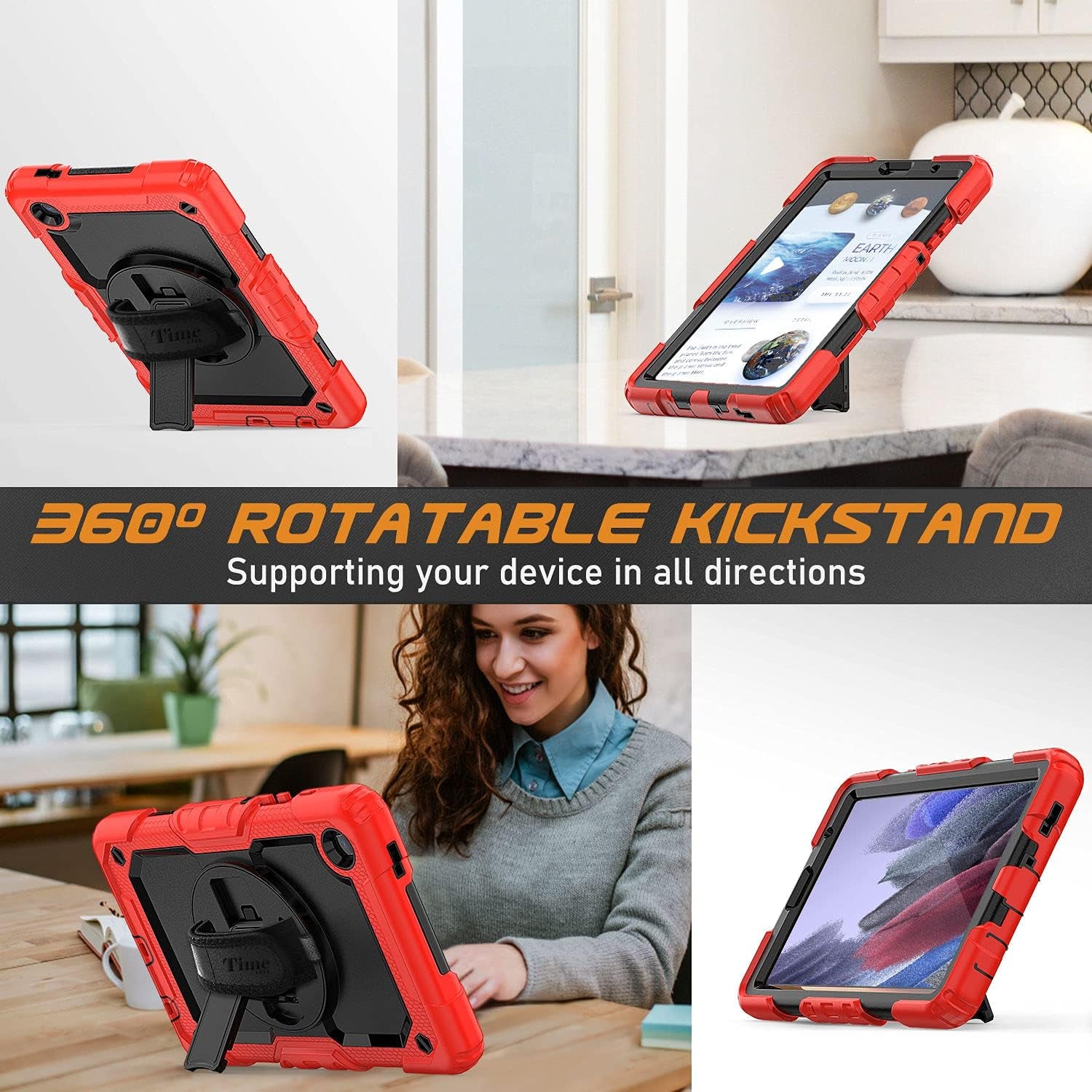 Case for Samsung Galaxy Tab A7 Lite 8.7'' 2021 (SM-T220/T225/T227), Full-Body Shockproof Protection Case with Screen Protector & 360 Rotating Stand Hand Strap - Red