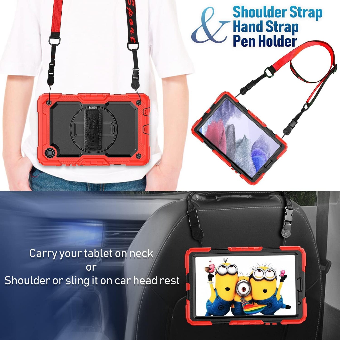 Case for Samsung Galaxy Tab A7 Lite 8.7'' 2021 (SM-T220/T225/T227), Full-Body Shockproof Protection Case with Screen Protector & 360 Rotating Stand Hand Strap - Red