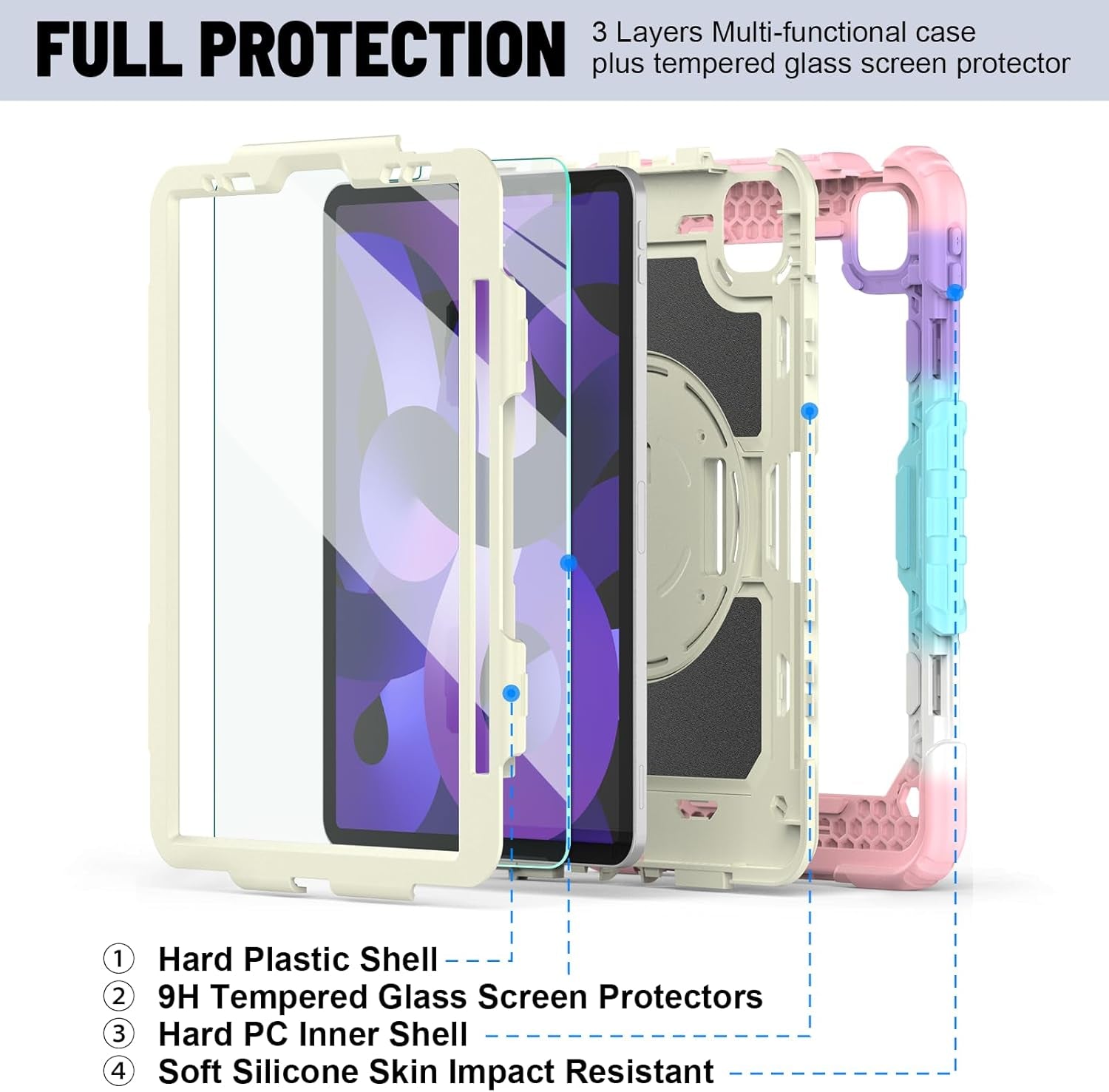 Case for Ipad Air 5Th/4Th Generation (2022/2020) 10.9-Inch, [Shockproof] Full Body Protective Case with 9H Tempered Glass Screen Protector, Rotatable Kickstand & Hand Strap (Light Pink)